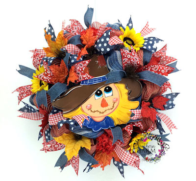 Deco Mesh Scarecrow wreath in denim by www.southerncharmwreaths.com