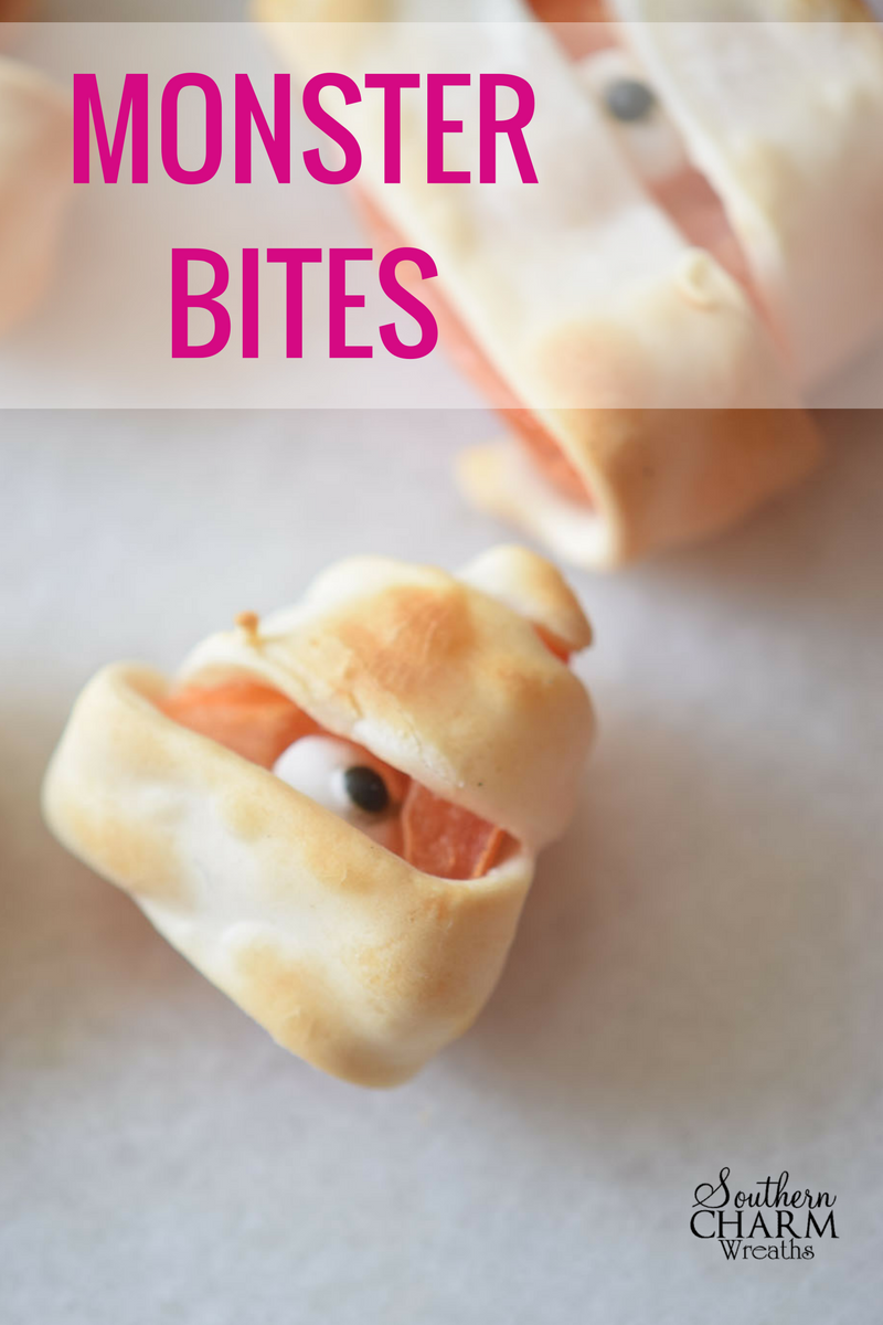 Simple Monster Bites recipe using puff pastry, tomatoes and monster eyes for a spooktacular treat this Halloween. www.southerncharmwreaths.com/blog