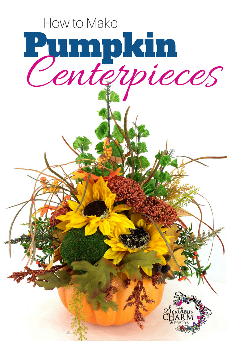 In this video how to make pumpkin centerpieces using foam pumpkin, silk flowers, moss covered ball, pine cones and leaves by www.southerncharmwreaths.com/blog