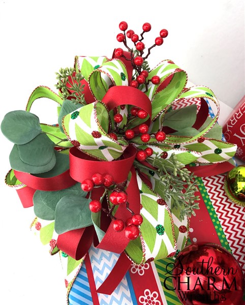 Christmas Ribbon for Gift Wrapping Red Flower and Green Leaf