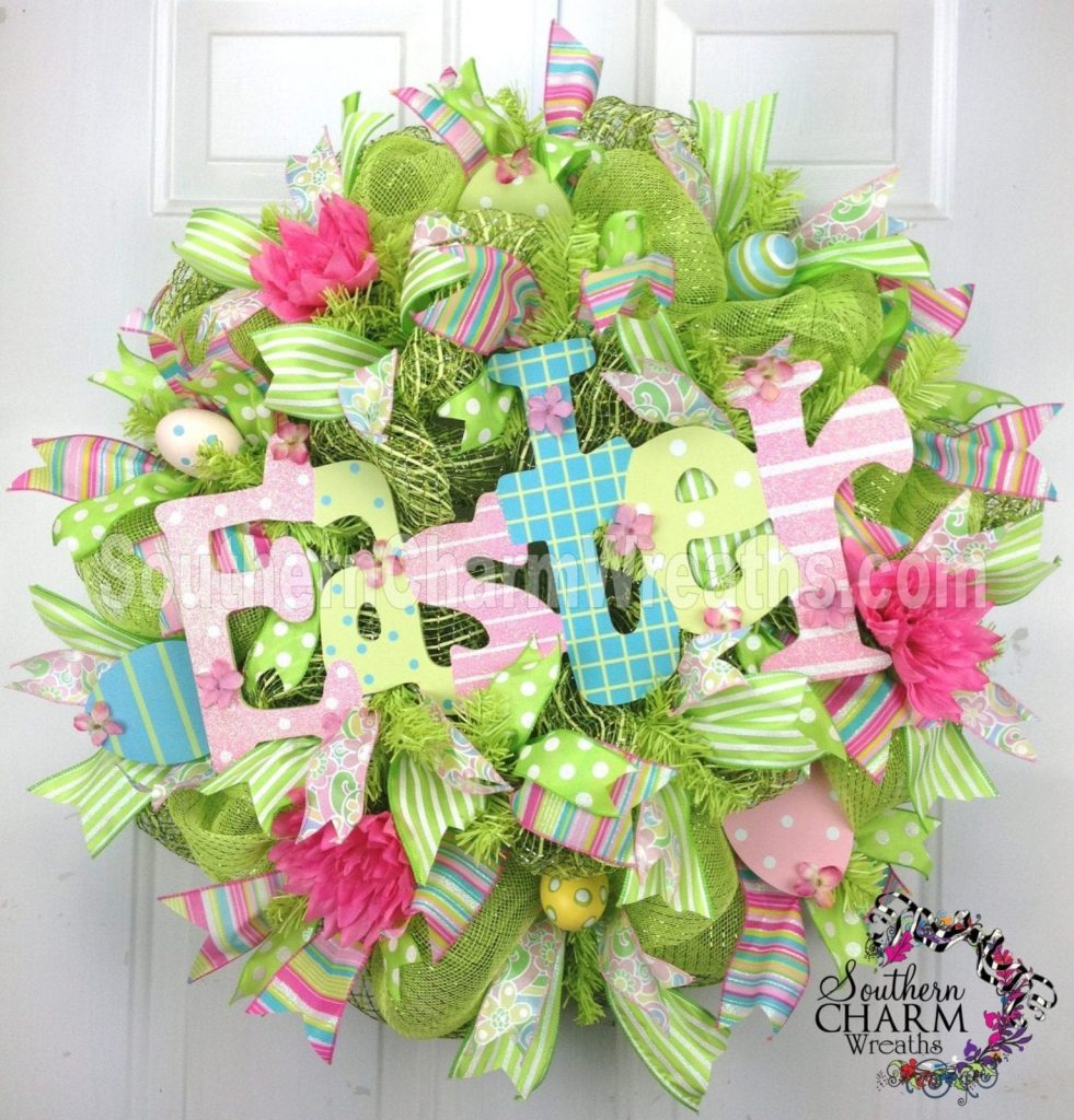 deco mesh lime green easter wreath on white door