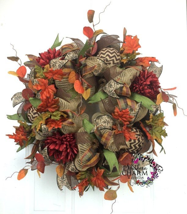 Deco Mesh Fall Wreath Burlap Peony Brown Burgundy 1 Southern Charm   Deco Mesh Fall Wreath Burlap Peony Brown Burgundy 1 