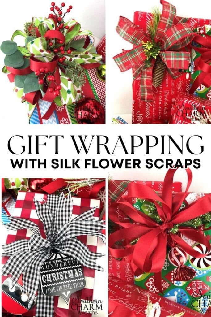 Christmas gift boxes wrapped with festive paper and topped with silk flower scraps, greenery, and ribbons in red, green, and black check patterns by Southern Charm Wreaths.