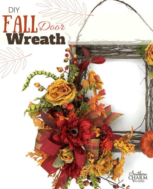 DIY Fall Door Wreath with square wreath frame and flowers