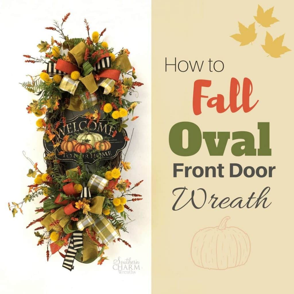 Fall Oval Wreath For Front Door With Welcome Sign Two Bows and Flowers