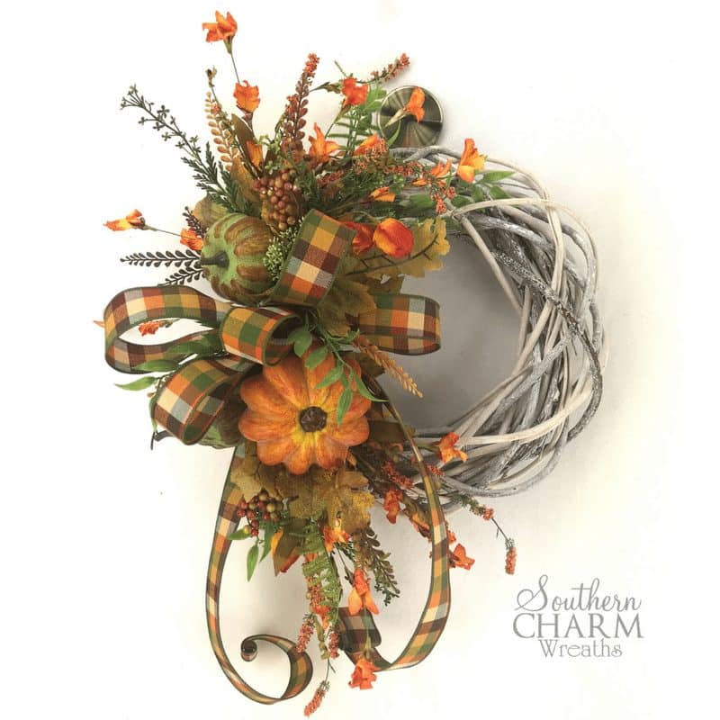 orange colored fall farmhouse wreath for door