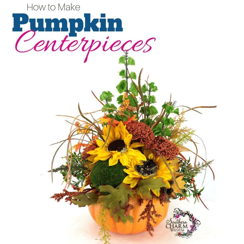 How to make pumpkin centerpieces using lots of fall flowers, pine cones and foam pumpkin by www.southerncharmwreaths.com