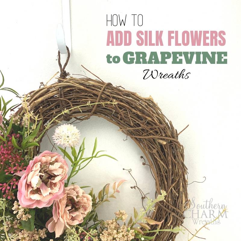 "How to add silk flowers to grapevine wreaths" - brown wreath with pink silk flowers