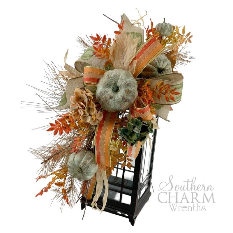 DIY orange and green easy fall lantern swag with pumpkins