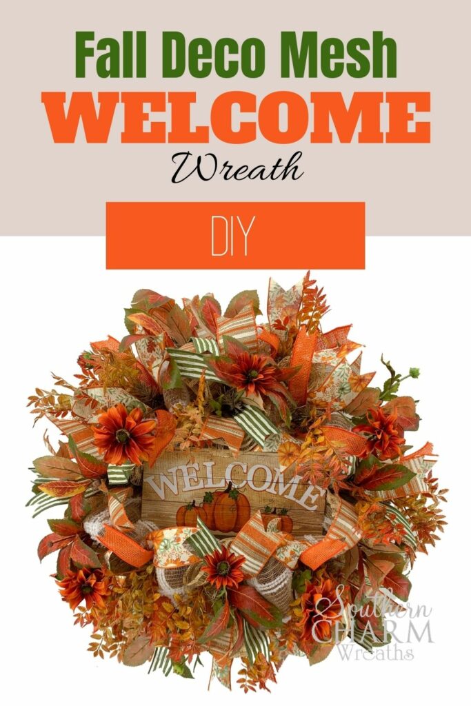 "Fall Deco Mesh Welcome Wreath DIY" orange pumpkin wreath with silk flowers