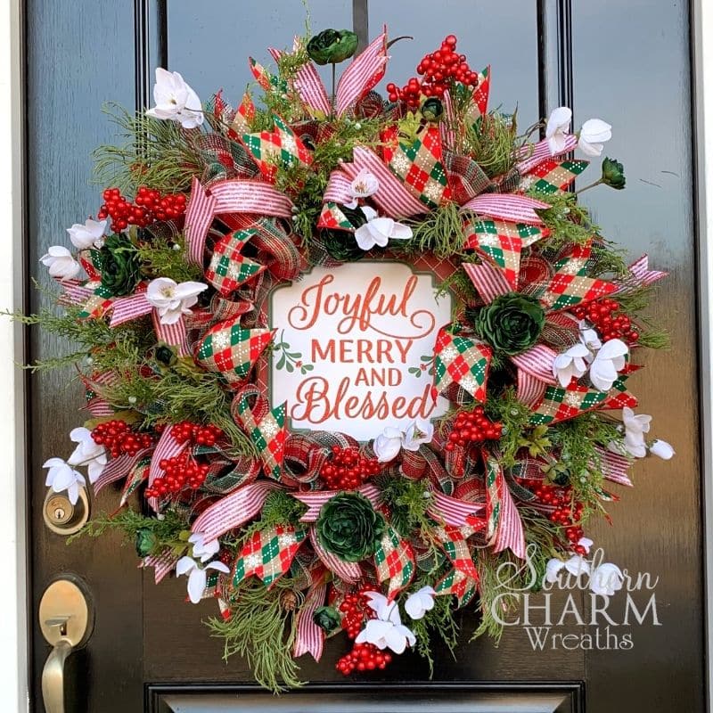 deco mesch christmas wreath with flowers and sign