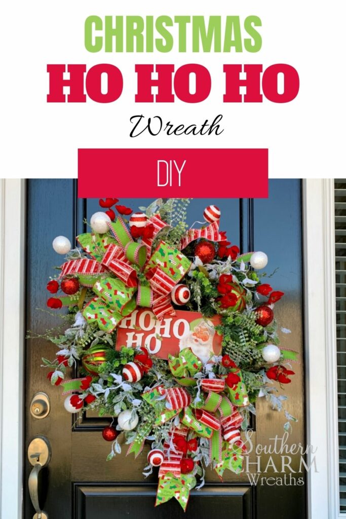 DIY Christmas wreath on a black front door with a ho ho ho sign