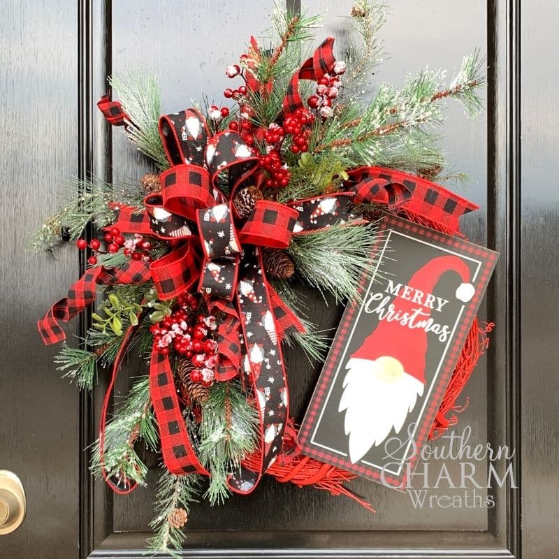 Christmas wreath with gnome sign and biffalo plaid bow