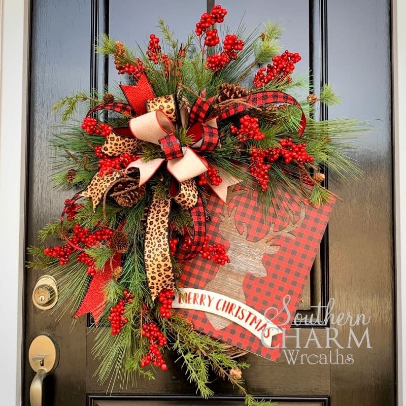 Rustic reindeer christmas wreath with buffalo plaid and cheetah bow