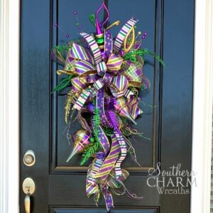 Purple, Green, and Gold Mardi Gras Themed Teardrop Swag on Front Door