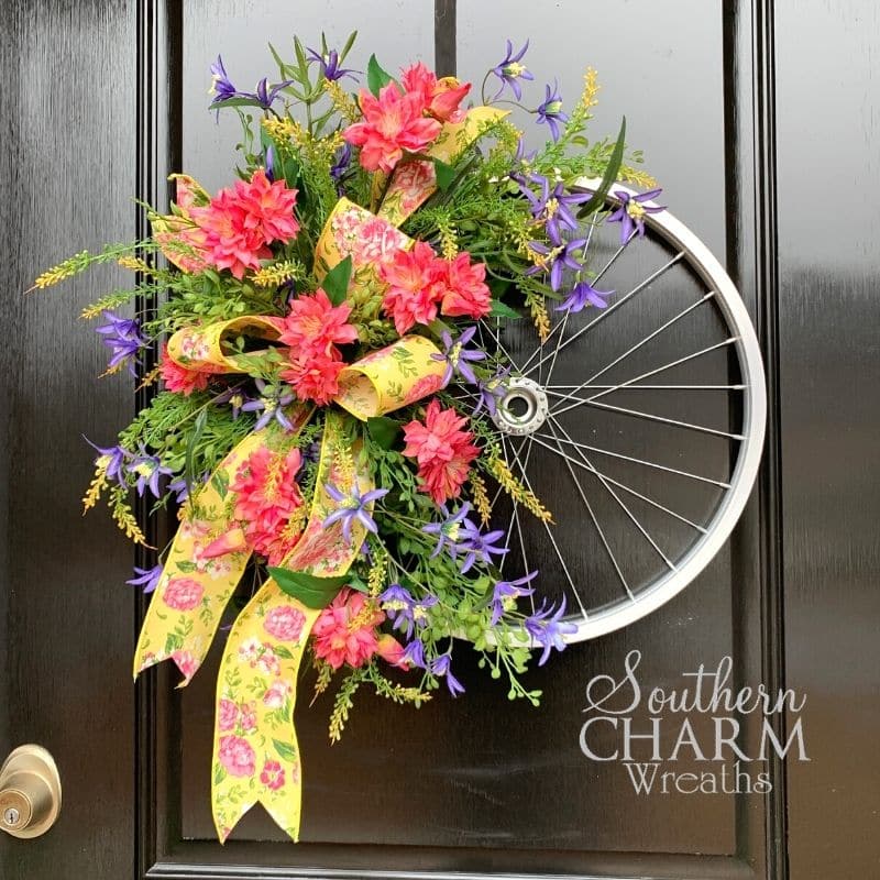 Spring Bike Wheel Wreath with bow and silk flowers