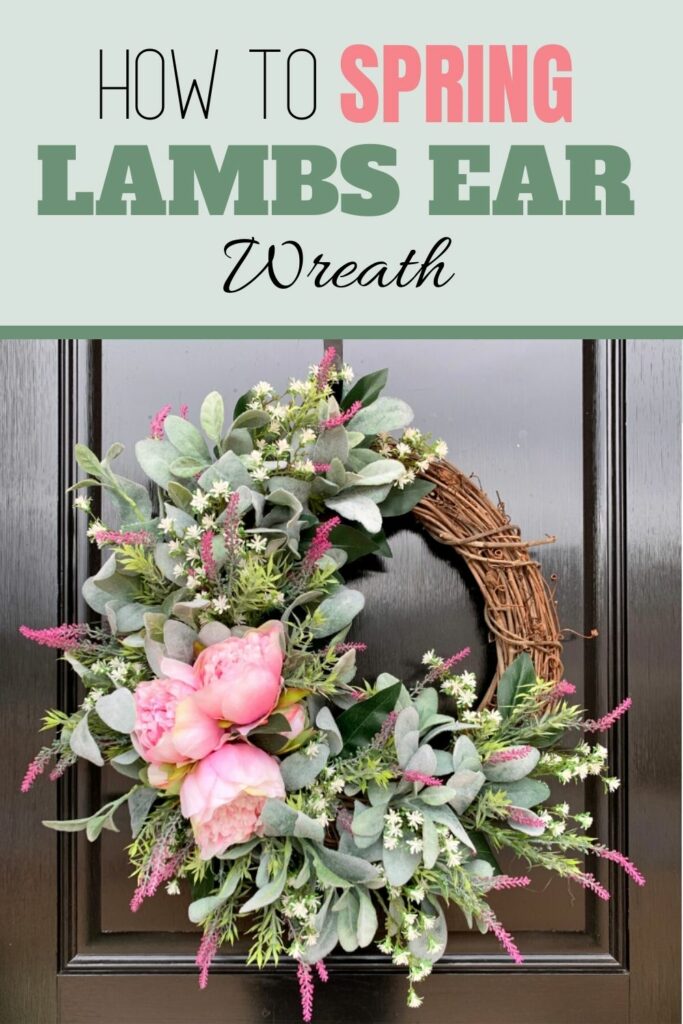 Faux Lambs Ear Wreath with Pink Peony, Lavender and baby's breath on grapevine hanging on a door.