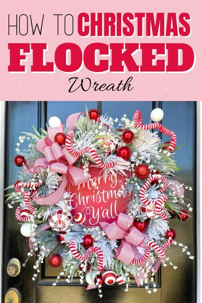 Red and White Flocked Christmas Wreath on Black Door