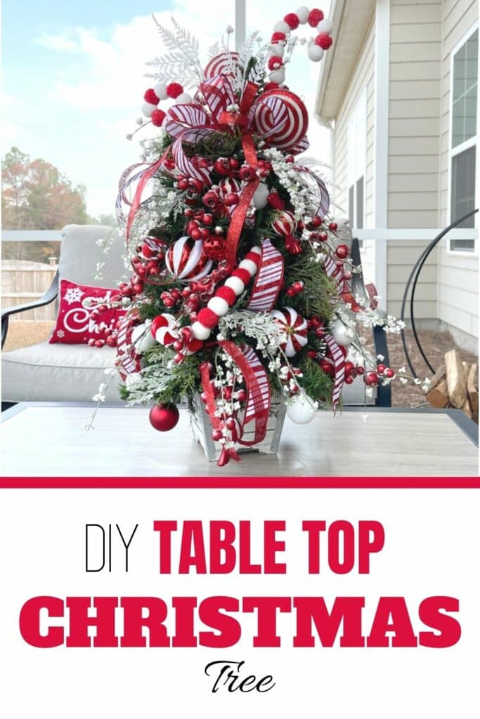table top Christmas tree with red and white decorations