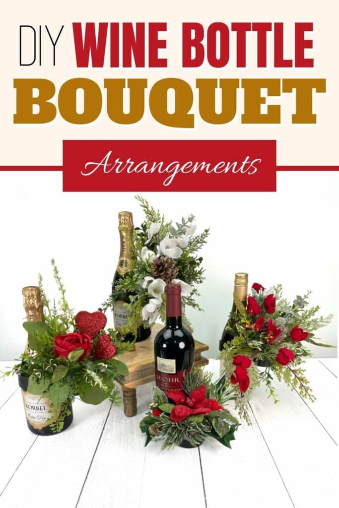 four wine bottle bouquet arrangements with red flowers