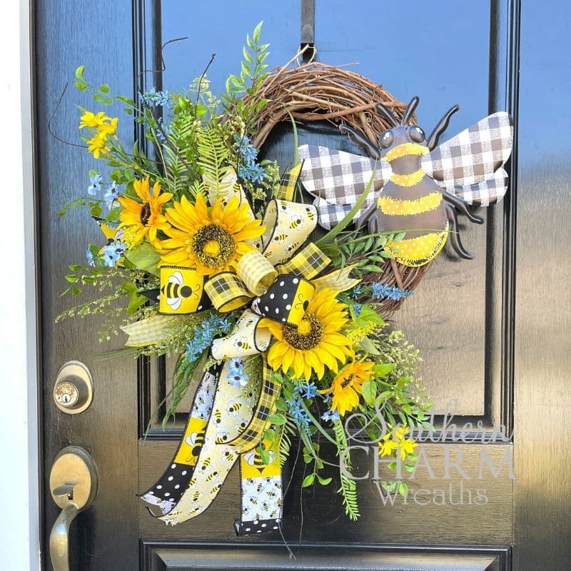 bumblebee wreath on a front door