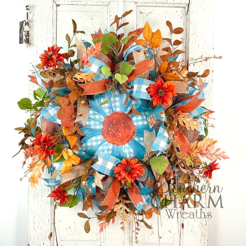 Fall Wreath, Deco Mesh Wreath, Fall Leaves Green Orange Ribbon