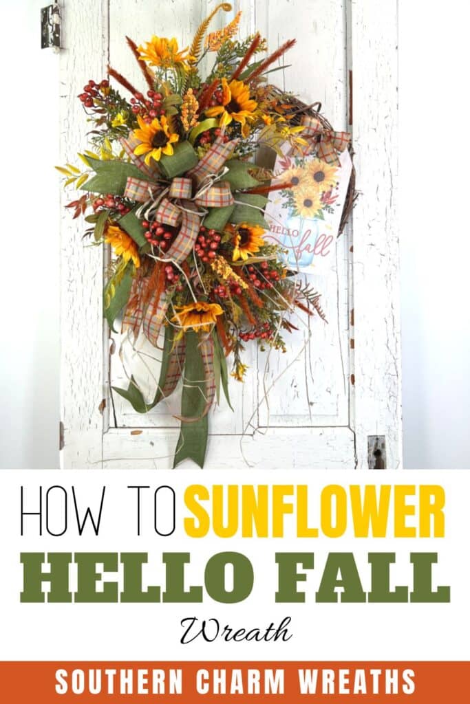 sunflower wreath for fall with hello fall sign attached to grapevine wreath on white door