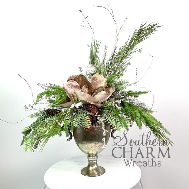 DIY Artificial Flower Christmas Table Arrangement in Urn