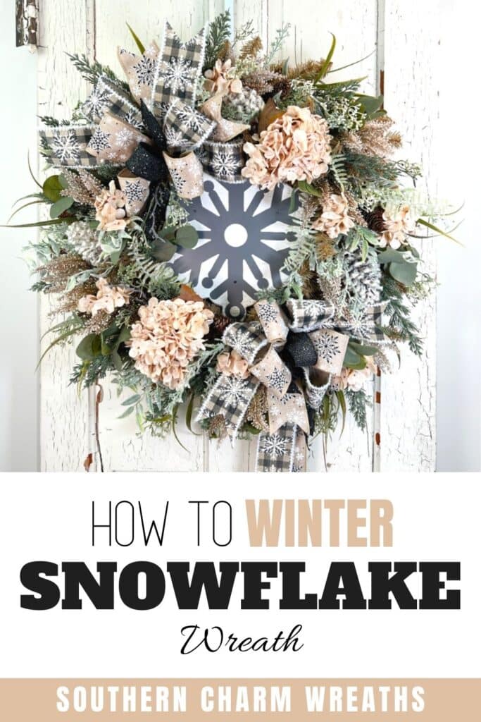 pinterest image for winter snowflake wreath