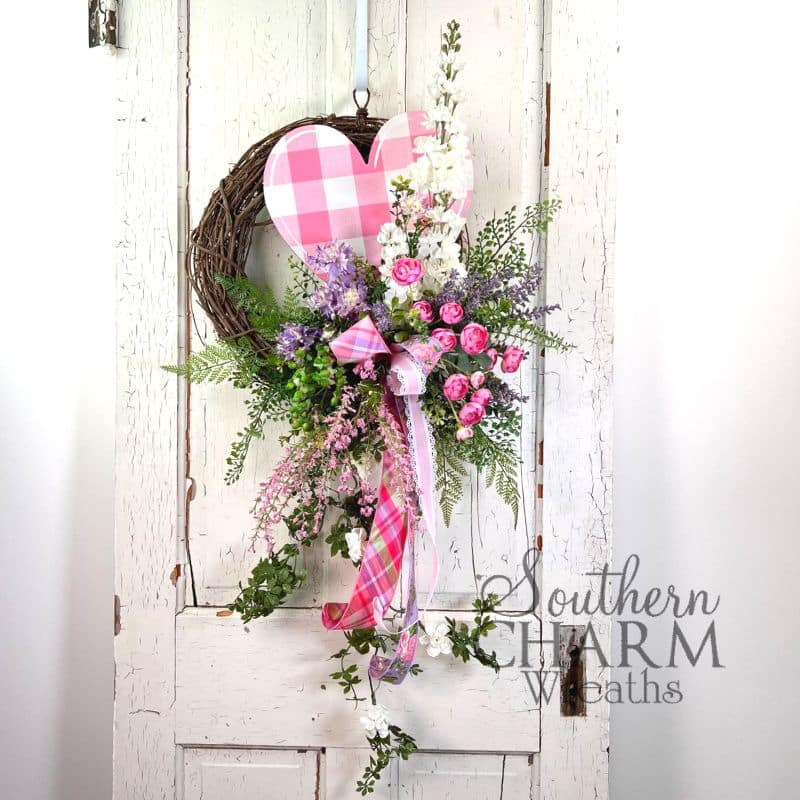 valentine heart grapevine wreath on white door