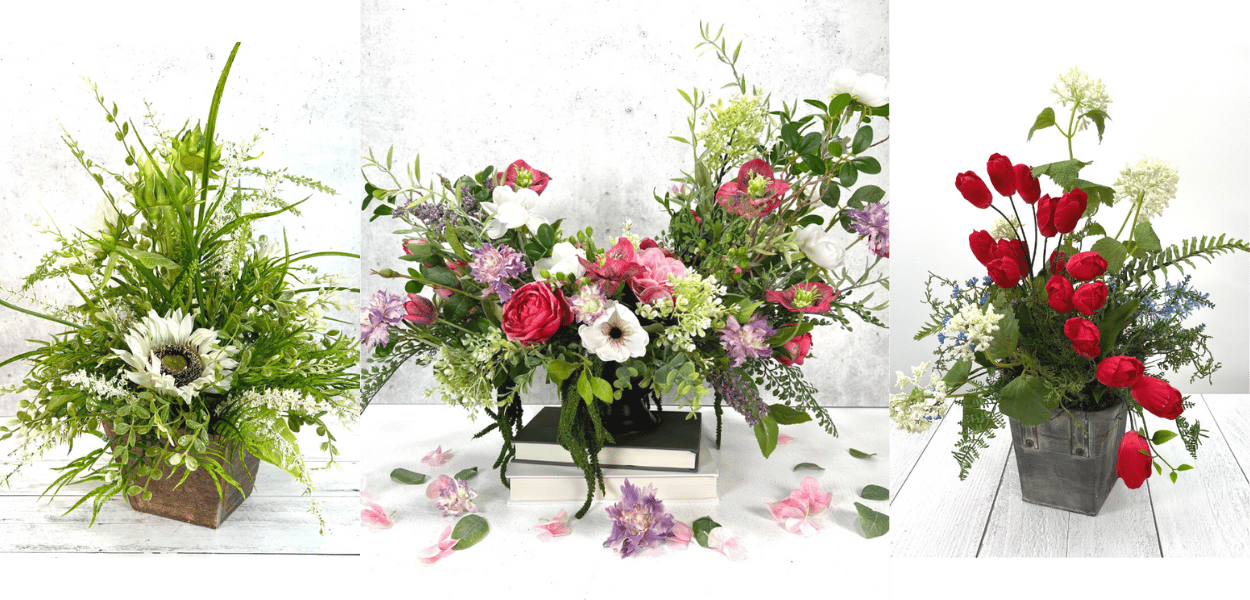 three floral arrangements