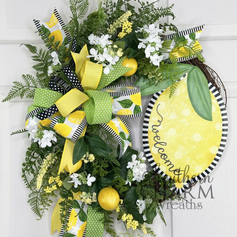 bright green and yellow greenery wreath with lemons