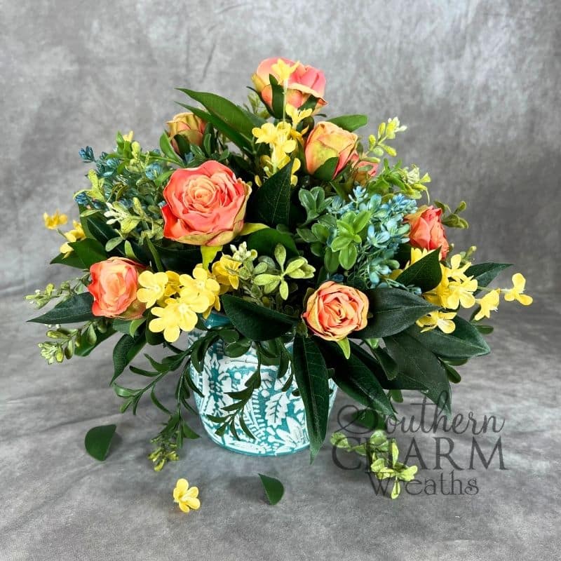 Summer silk flower arrangement with hydrangea, roses, and yellow flowers