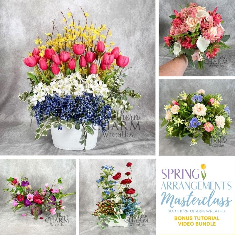 five floral spring arrangements on gray background
