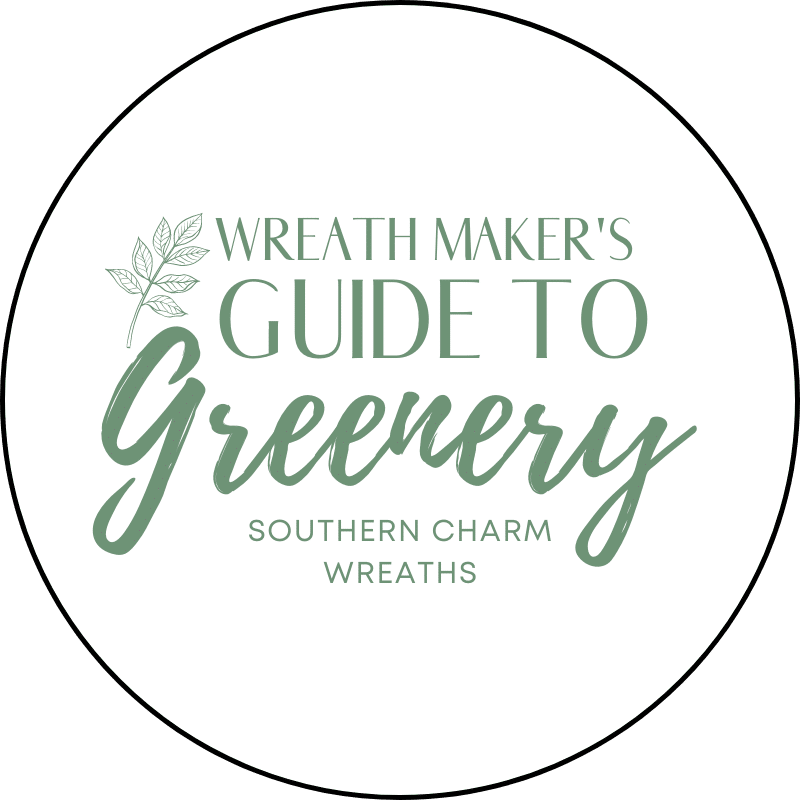wreath maker's guide to greenery text on white circle