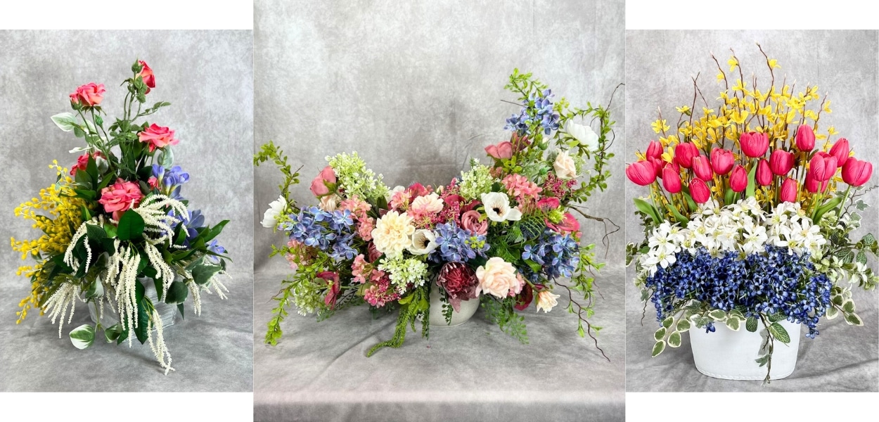 three floral arrangements on gray background