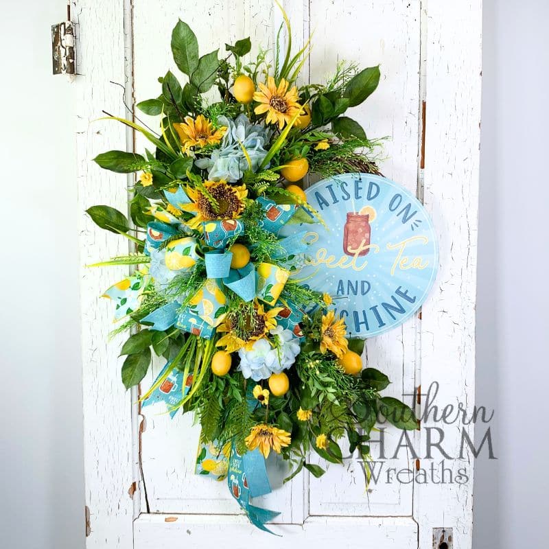sweet tea themed wreath on white door