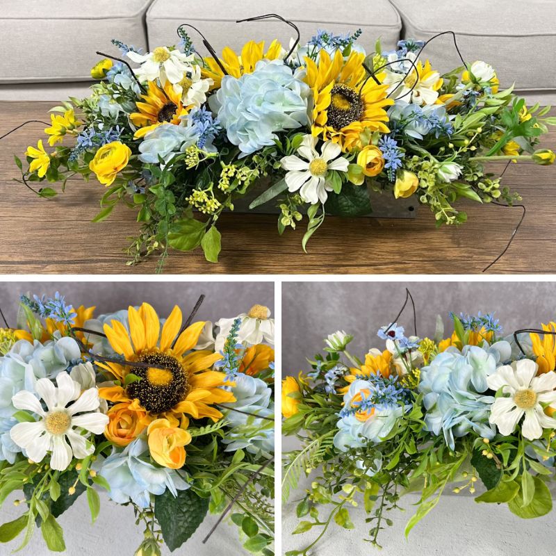three photos showing up close details of blue and yellow silk flower arrangement