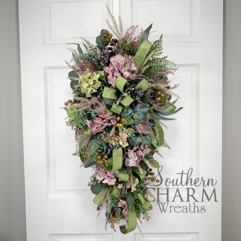 fall hydrangea swag wreath on white door