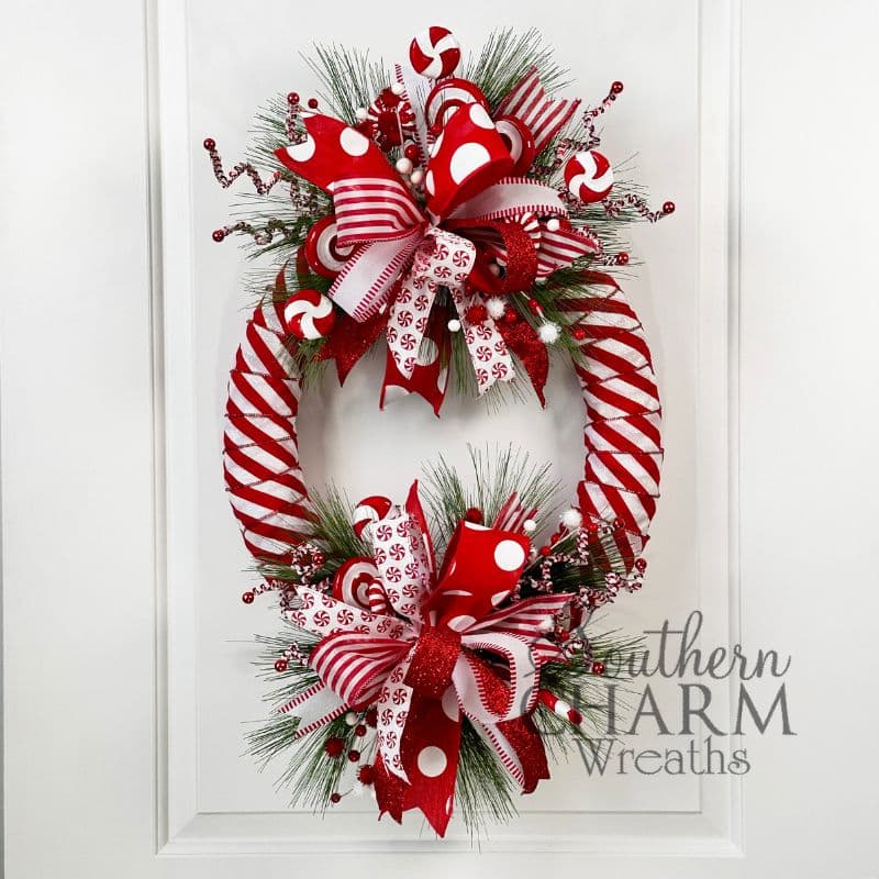 whimsical holiday wreath on white door