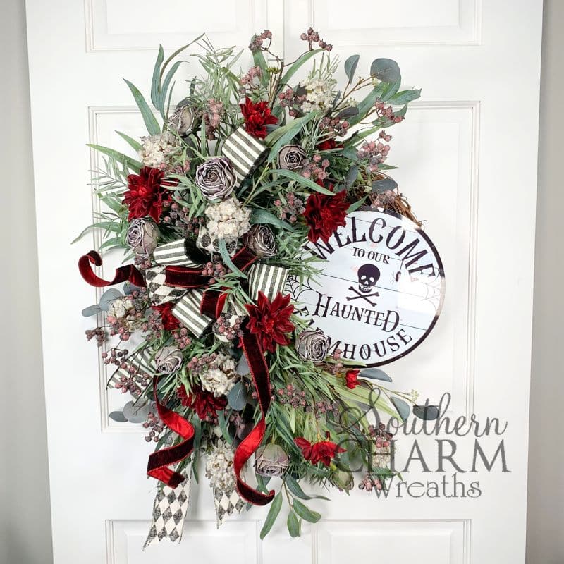 halloween floral grapevine wreath on white door