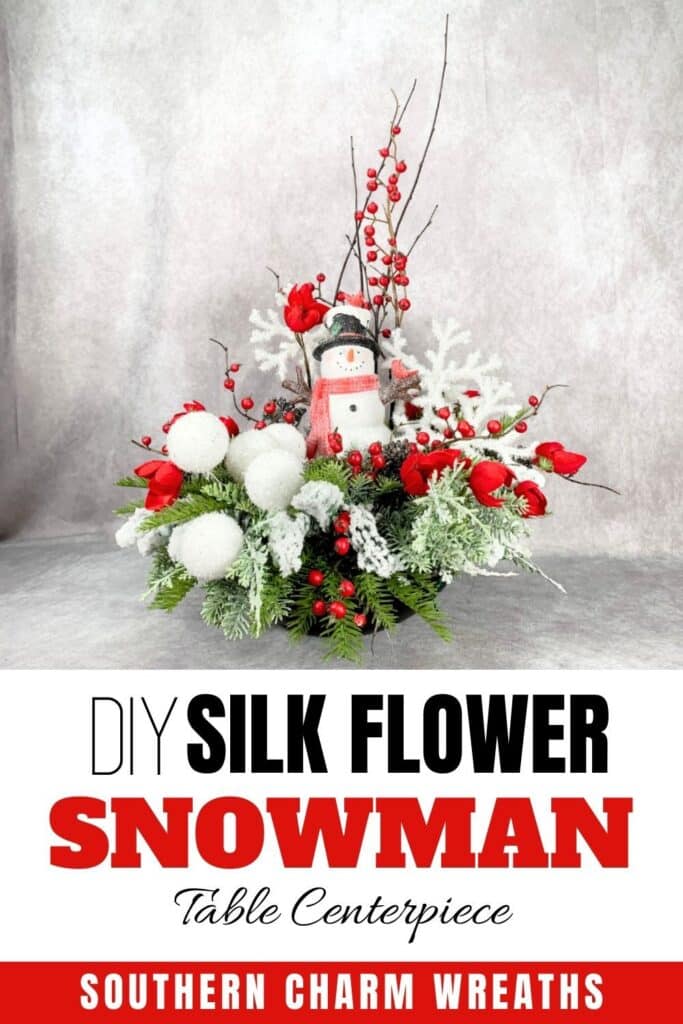 DIY silk flower snowman table centerpiece pin