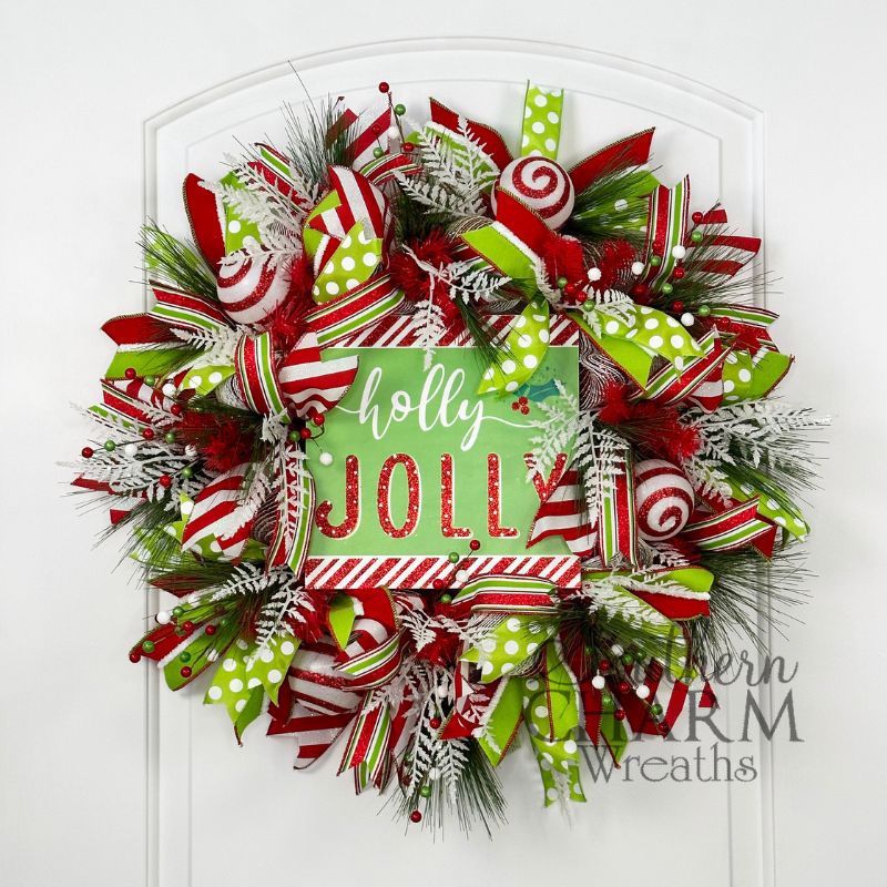 bright red and green holly jolly wreath for Christmas