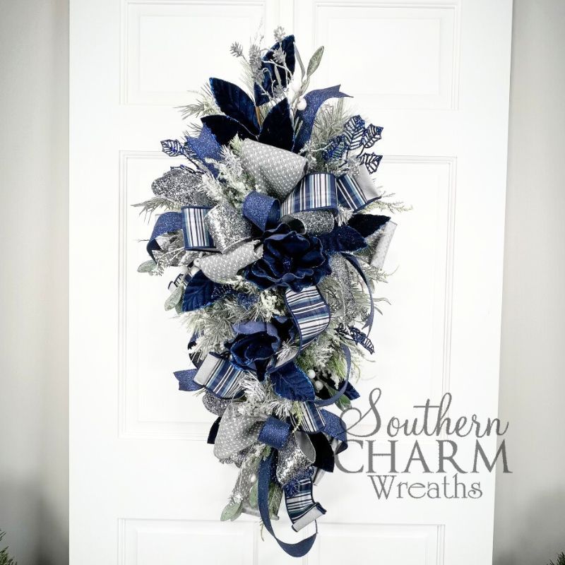 silver and blue magnolia swag wreath