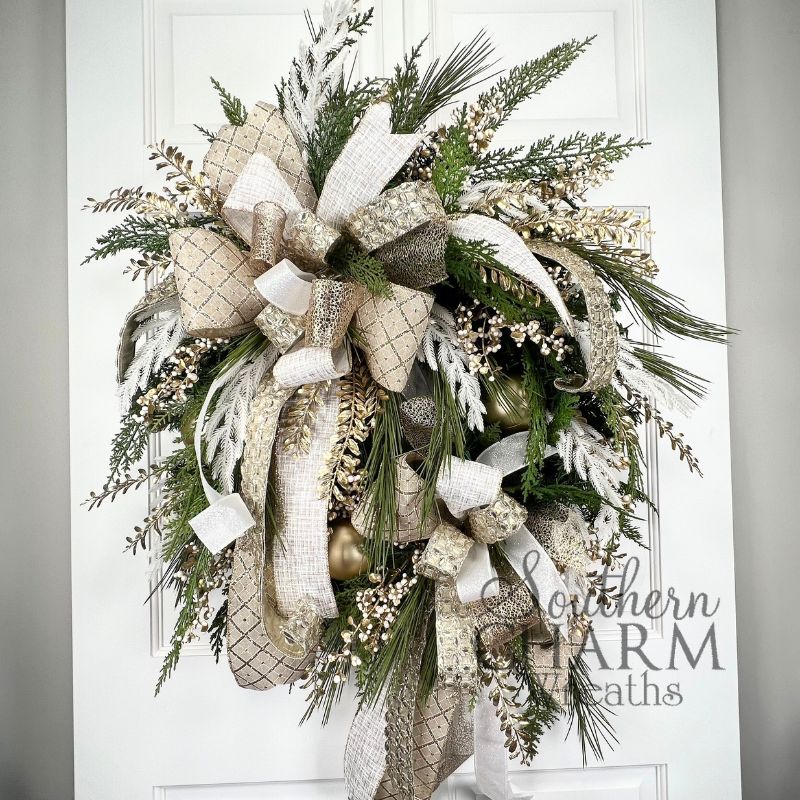 winter wedding wreath in gold and white