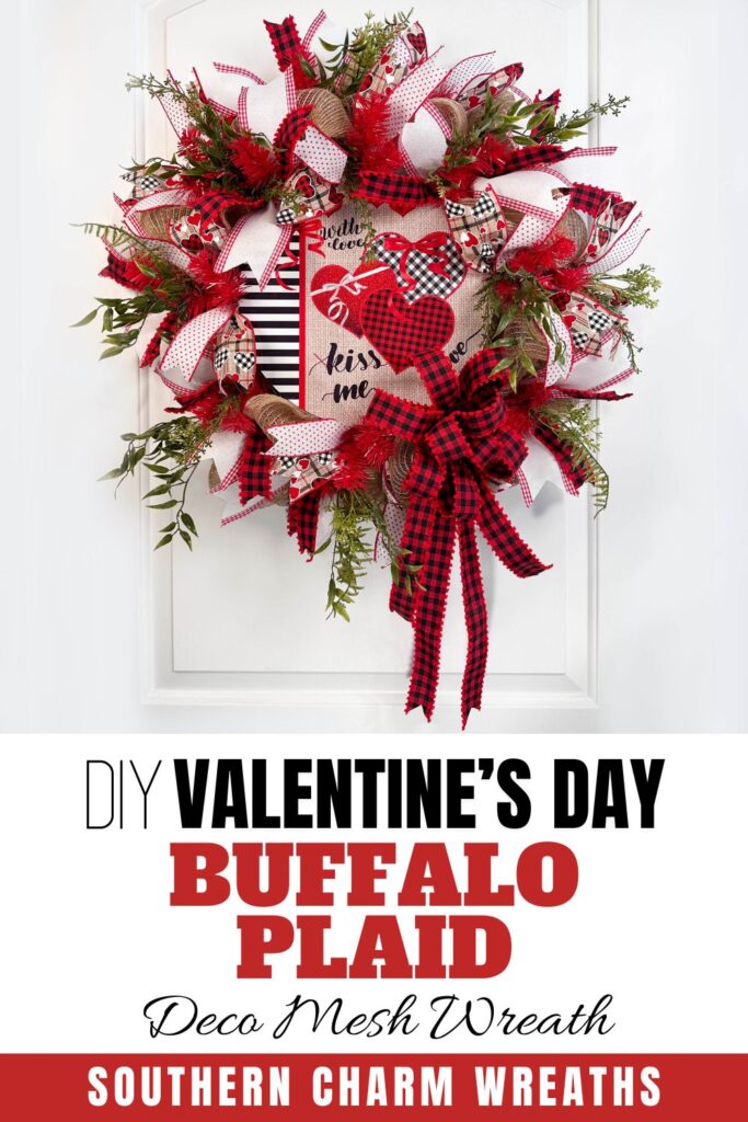red and black buffalo plaid valentine's themed wreath on white door