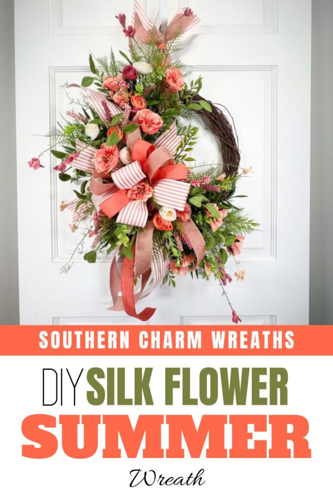 peach colored flower grapevine wreath with bow on white door