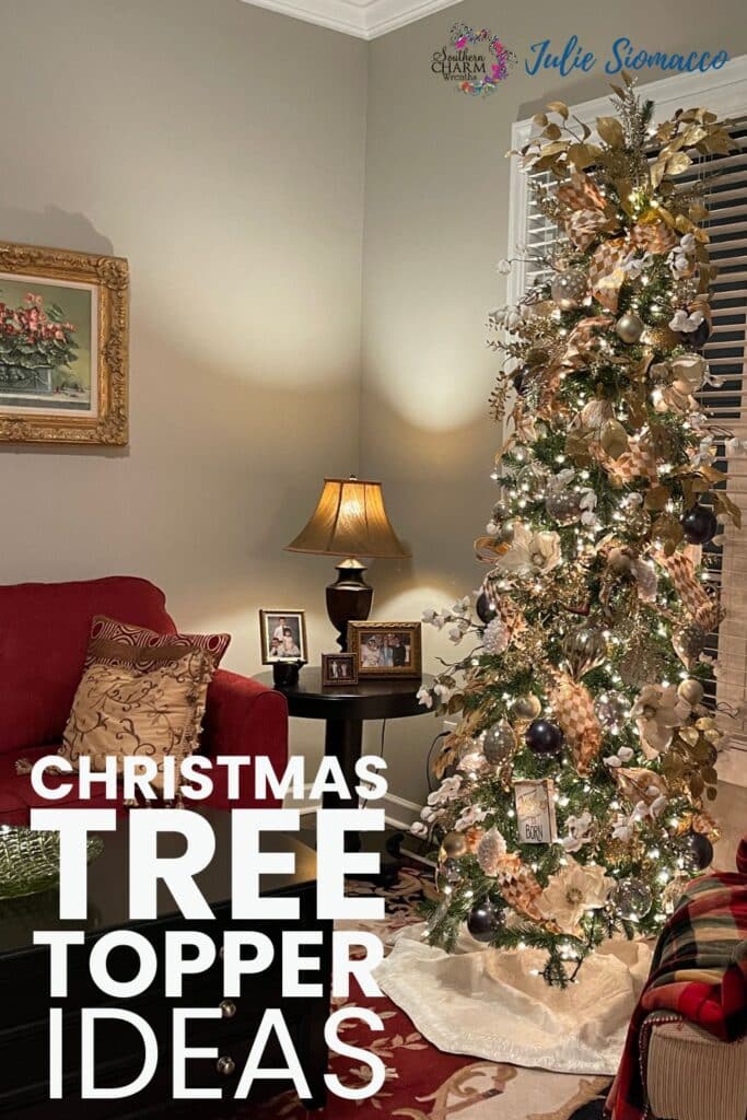 Christmas tree in a living room with the text Christmas Tree Topper Ideas.