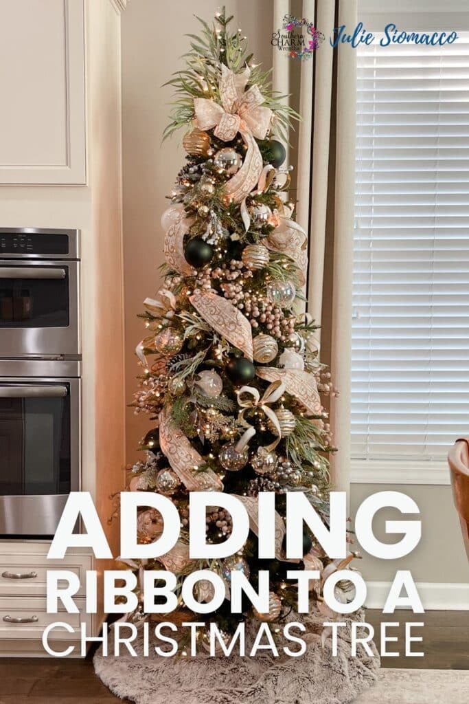 A beautifully decorated Christmas tree featuring cascading wired ribbon in elegant neutral tones, complemented by sparkling ornaments and lush greenery, set in a cozy living room corner.