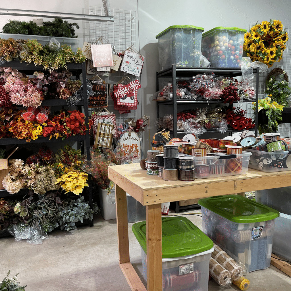 Wreath making workspace in a garage